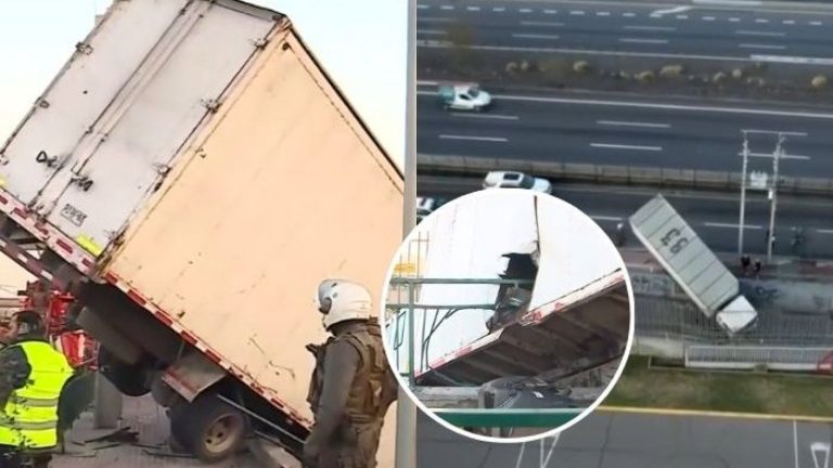 Camión volcó y quedó incrustado en reja de supermercado en Cerrillos: Ni la grúa pudo retirarlo