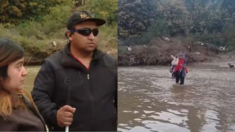 Padre no vidente cruza estero con sus hijos en brazos para llevarlos al colegio: Pide hacer un puente