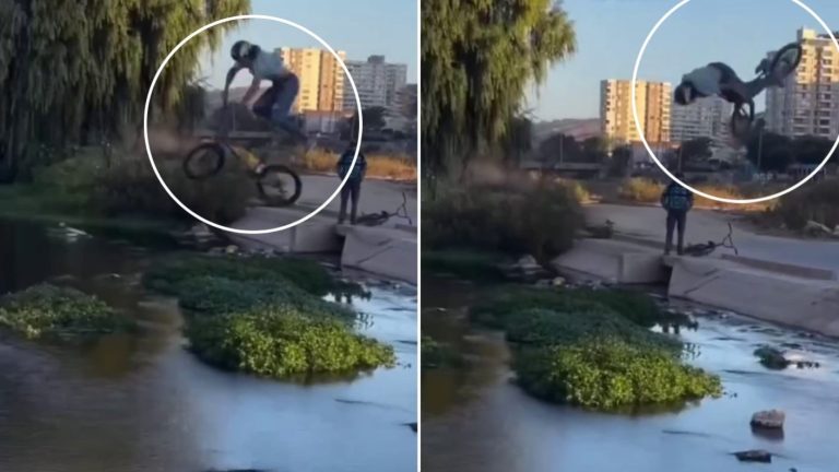 “Riesgo innecesario”: Viralizan atrevida acrobacia de ciclista que “voló” sobre el Estero Marga Marga