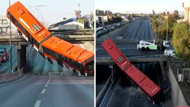 VIDEO | Bus RED cae con 9 pasajeros hacia la Autopista Central desde paso sobre nivel