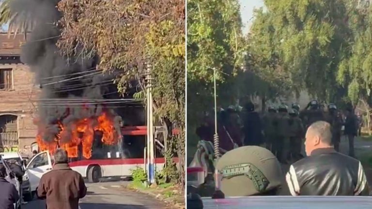 Micro envuelta en llamas: Encapuchados incendiaron bus RED cerca del INBA en Santiago