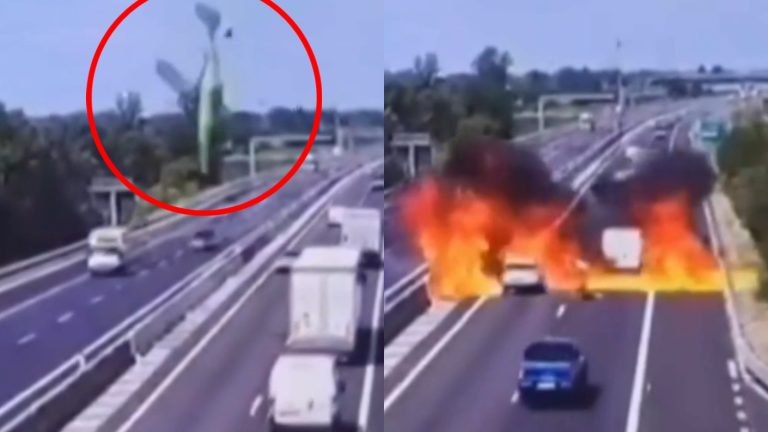 Captan momento exacto de fatal accidente aéreo en plena carretera de Italia