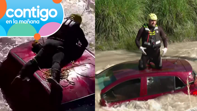VIDEO | ¿Misión posible? Bombero logró amarrar y retener auto atrapado en canal San Carlos