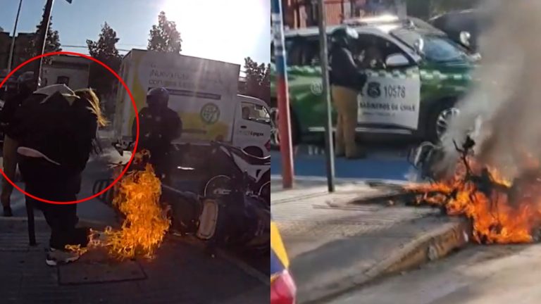 VIDEO | Mujer se niega a fiscalización, prende fuego a su moto y se va caminando