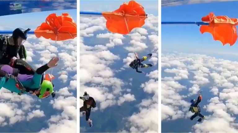 VIDEO | Pudo terminar en tragedia: Captan accidente que dejó a paracaidista colgando de avión