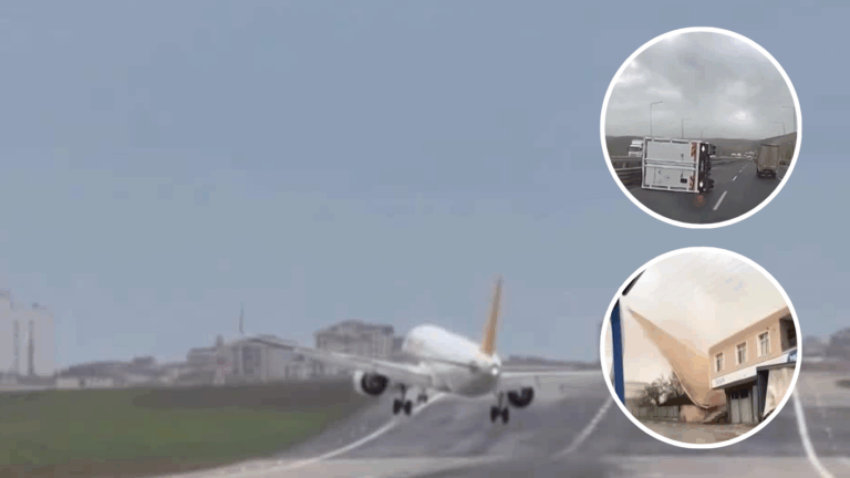 VIDEO | Fuertes vientos en Turquía vuelcan camiones e impiden que avión aterrice