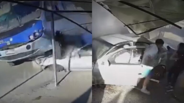 Milagrosa salvada: Micro intentó adelantar y quedó arriba de auto en San Pedro de la Paz