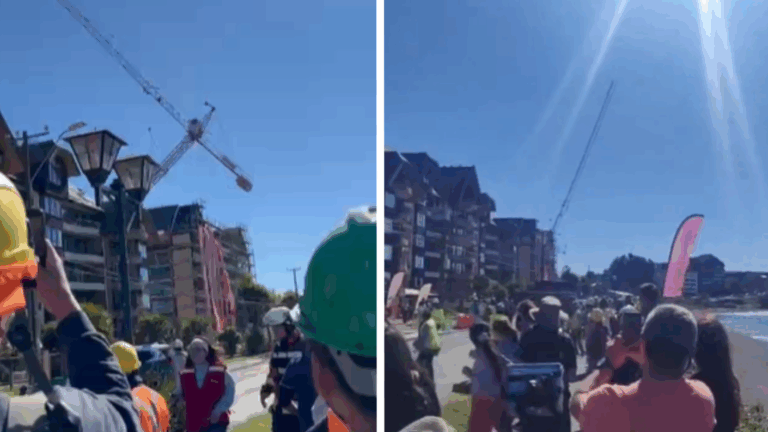 Grúa se desploma en Puerto Varas: Graban momento en que cae en plena costanera