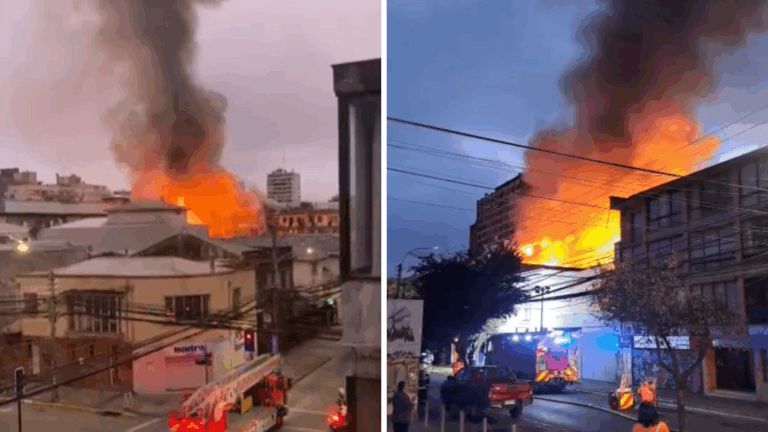 Reportan violento incendio en locales comerciales en el centro de Concepción