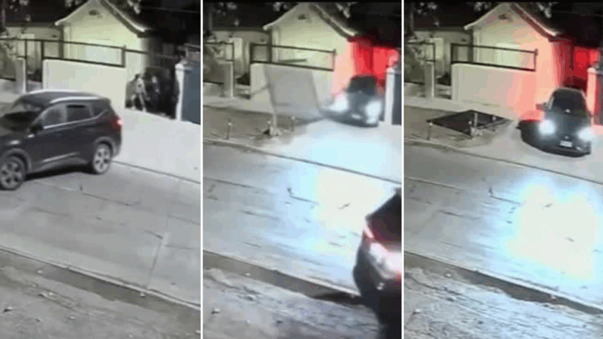 Revelan momento exacto en que delincuentes rompen portón de casa con auto de familia asaltada para escapar