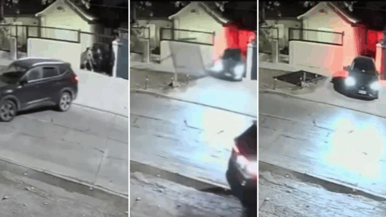 Revelan momento exacto en que delincuentes rompen portón de casa con auto de familia asaltada para escapar