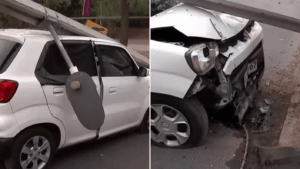 Poste cae sobre vehículo tras choque en Macul: Tránsito permanece suspendido en avenida Quilín