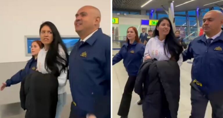 Videos captan el retorno de Karen Rojo a Chile: Intentó cubrir sus esposas tras aterrizar en aeropuerto