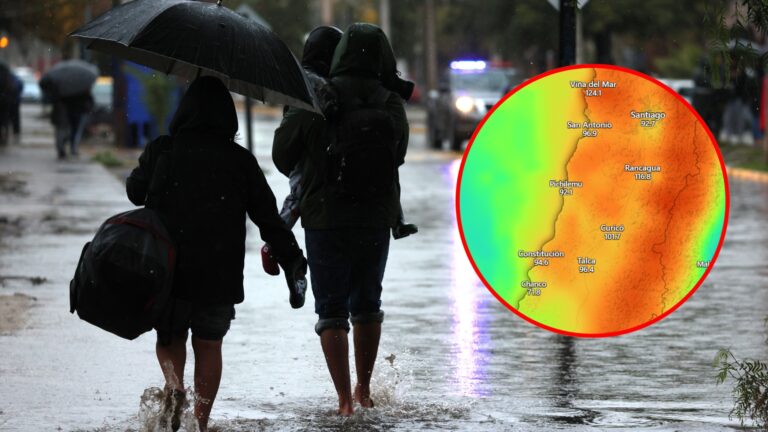 Mapa muestra las localidades de la zona central dónde se superarán los 100 mm de agua entre jueves y viernes