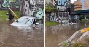 Auto quedó prácticamente sumergido en Ñuñoa: Captan alarmante inundación en paso bajo nivel