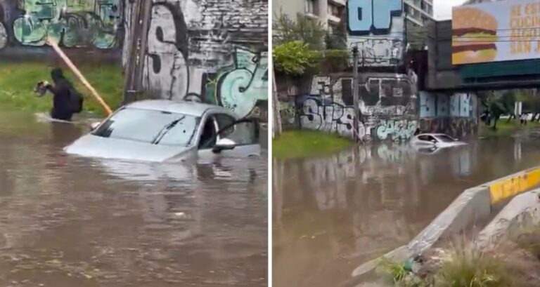 Auto quedó prácticamente sumergido en Ñuñoa: Captan alarmante inundación en paso bajo nivel