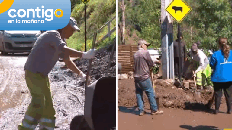 Vecinos y personal municipal trabajan para ayudar a despejar el barro de casa afectada en El Arrayán