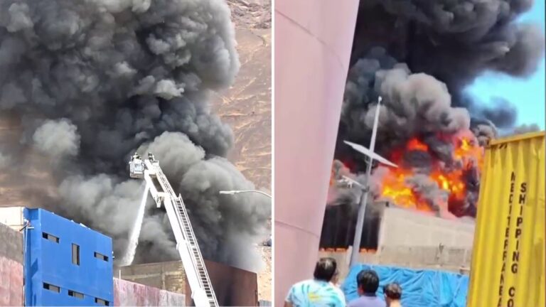 Violento incendio en zona franca de Iquique: Bomberos combaten fuego en bodega de neumáticos