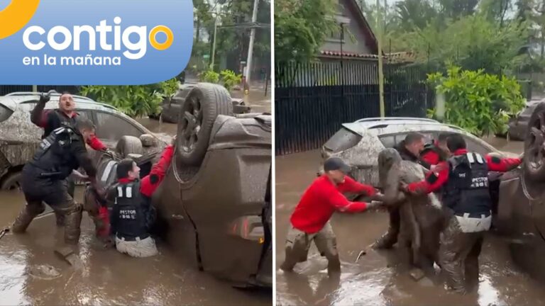 VIDEO | Registran dramático rescate de mujer atrapada en un auto volcado tras aluvión en Las Condes